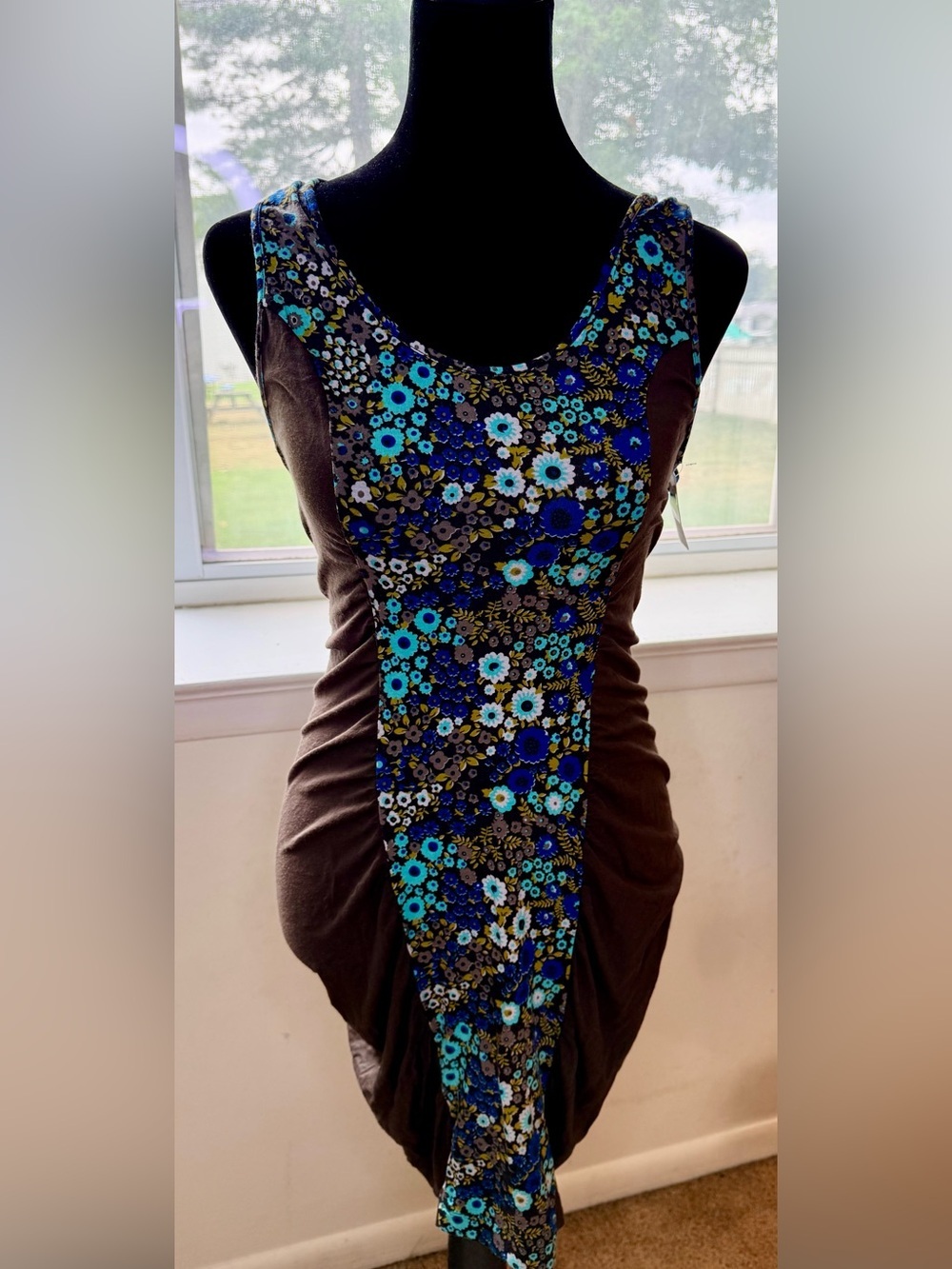 Free People Intimately sleeveless mini brown dress ruched sides floral NWT Large - Picture 4 of 8